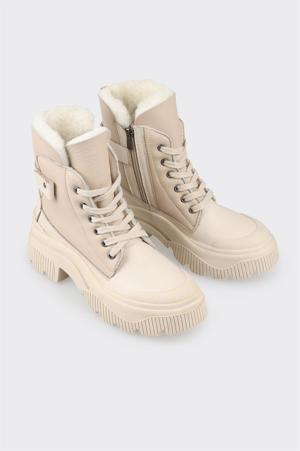Ekru deri kalın tabanlı kadın bot, rahat kullanım için - Elle Shoes