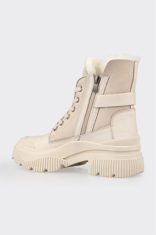 Ekru deri kalın tabanlı kadın bot, rahat kullanım için - Elle Shoes