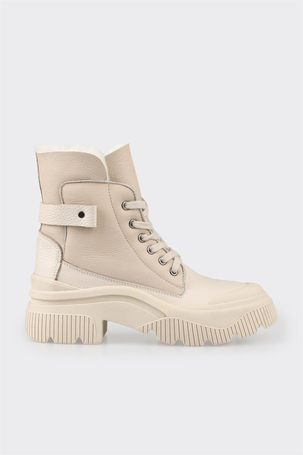 Ekru deri kalın tabanlı kadın bot, rahat kullanım için - Elle Shoes