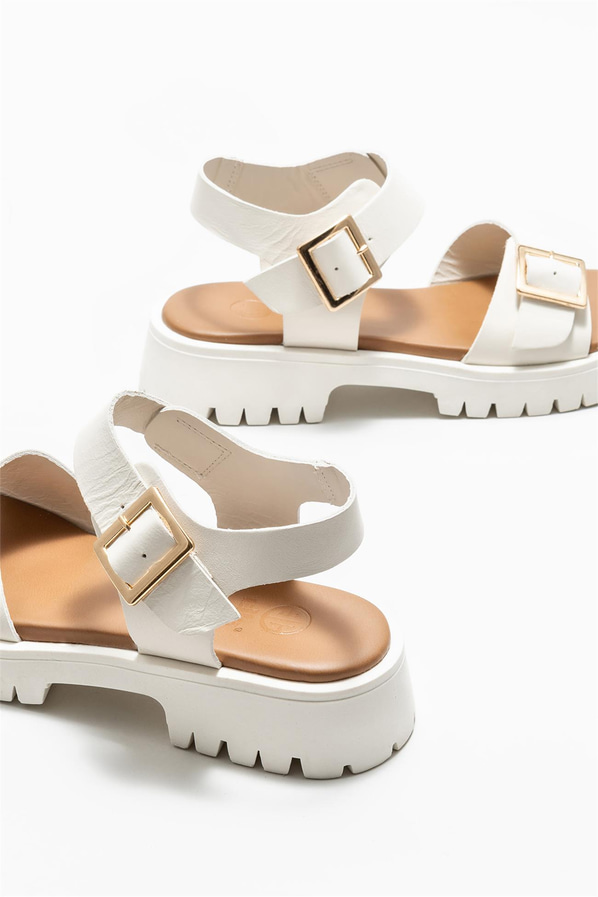 Ekru deri kadın sandalet - Elle Shoes