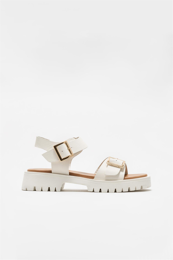 Ekru deri kadın sandalet - Elle Shoes