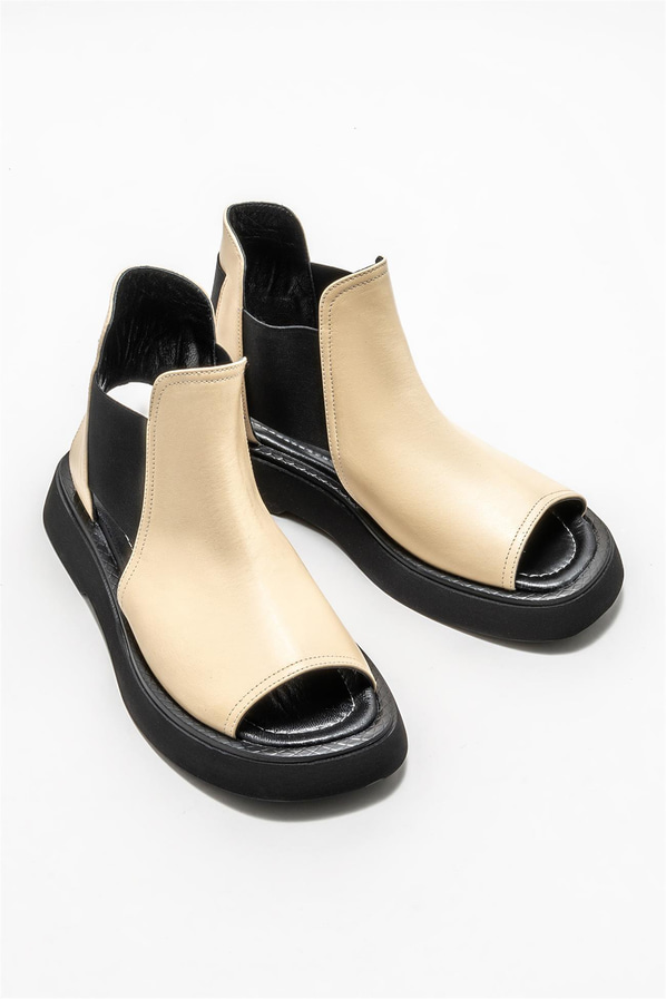 Ekru deri kadın sandalet - Elle Shoes