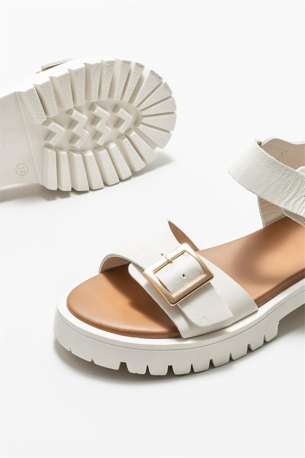 Ekru deri kadın sandalet - Elle Shoes