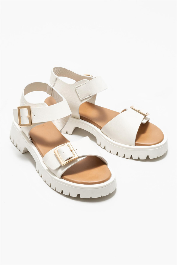 Ekru deri kadın sandalet - Elle Shoes