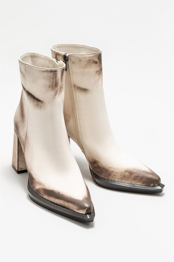 Ekru deri topuklu kadın bot - Elle Shoes