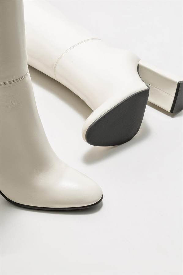 Ekru deri topuklu kadın çizme - Elle Shoes