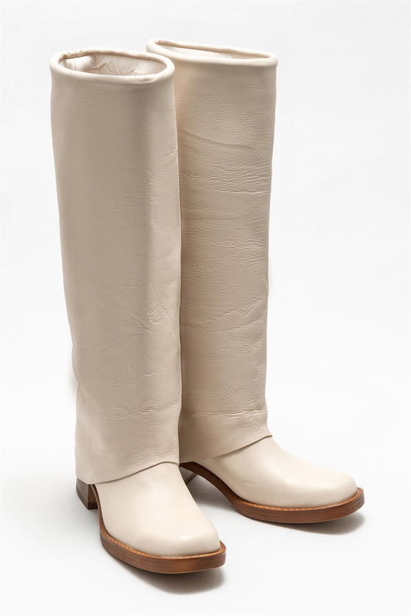 Ekru deri topuklu kadın çizme - Elle Shoes