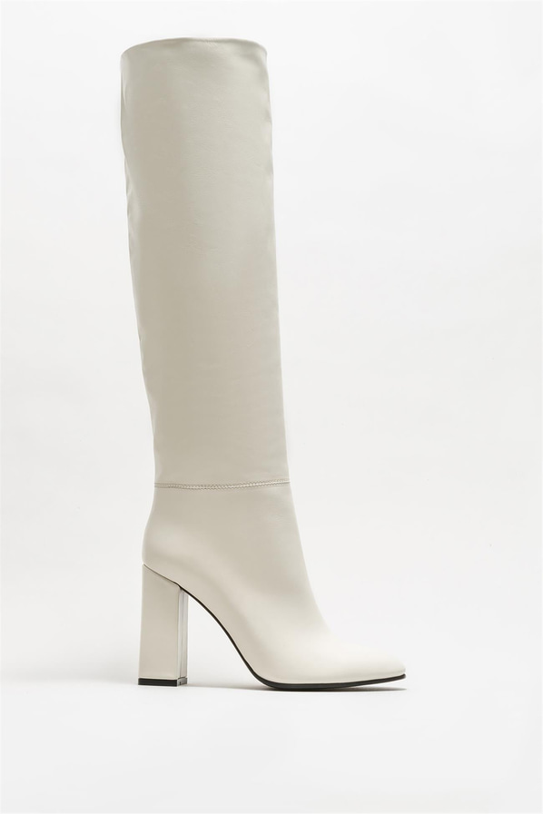 Ekru deri topuklu kadın çizme - Elle Shoes