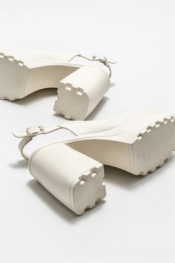Ekru deri topuklu kadın sandalet - Elle Shoes
