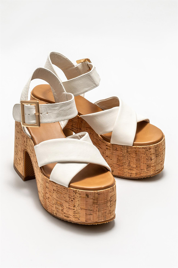 Ekru deri topuklu kadın sandalet - Elle Shoes