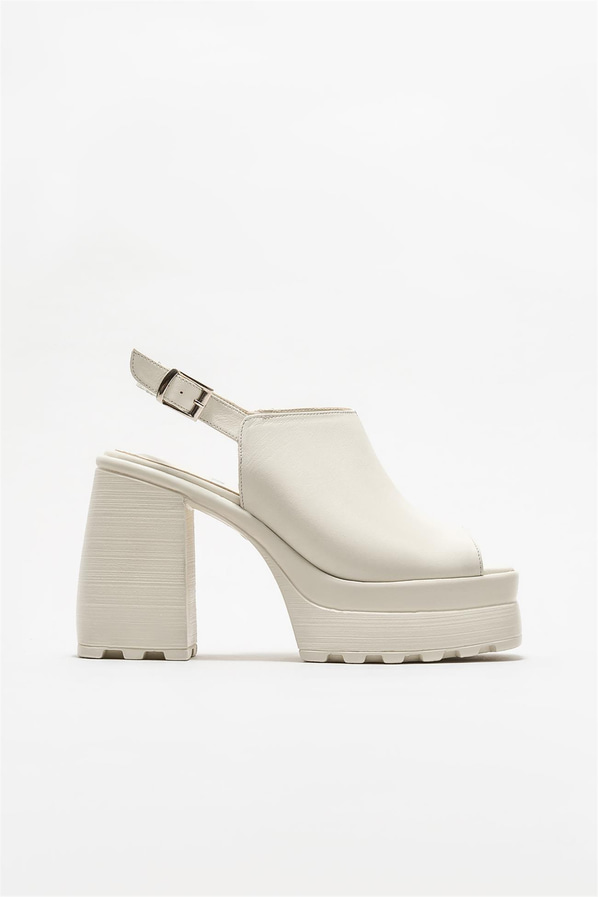 Ekru deri topuklu kadın sandalet - Elle Shoes