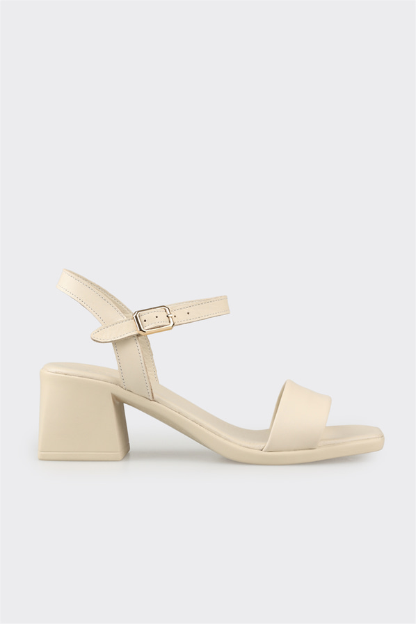 Ekru deri topuklu kadın sandalet - Elle Shoes