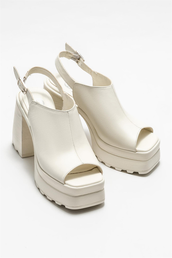 Ekru deri topuklu kadın sandalet - Elle Shoes