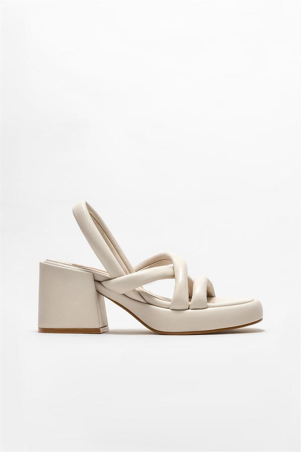 Ekru deri topuklu kadın sandalet - Elle Shoes