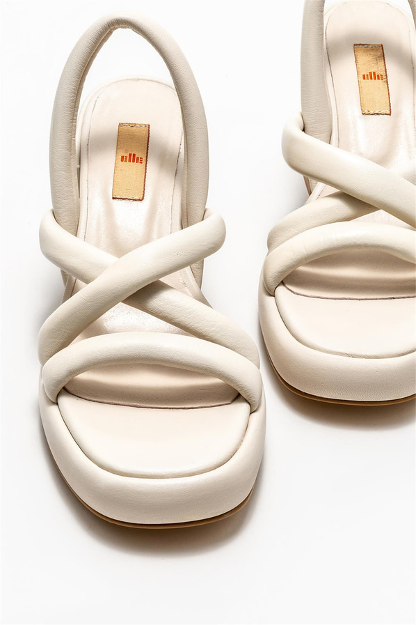 Ekru deri topuklu kadın sandalet - Elle Shoes