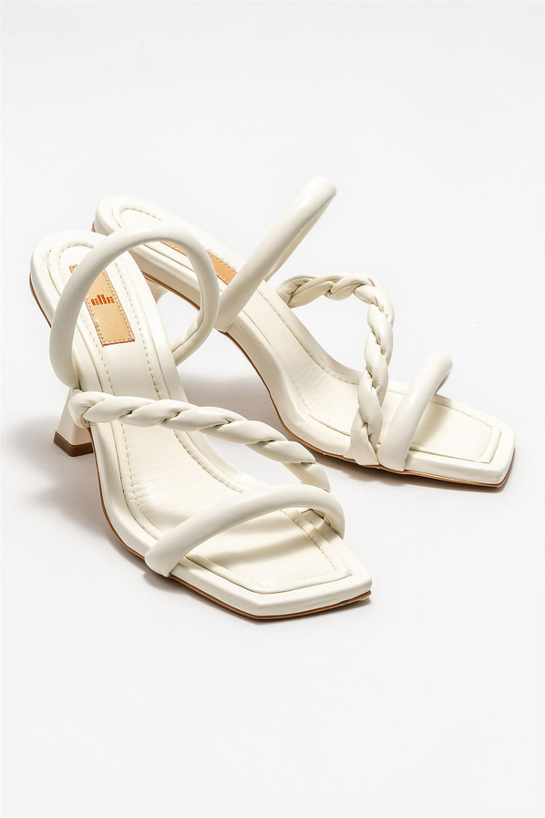 Ekru deri topuklu kadın terlik - Elle Shoes
