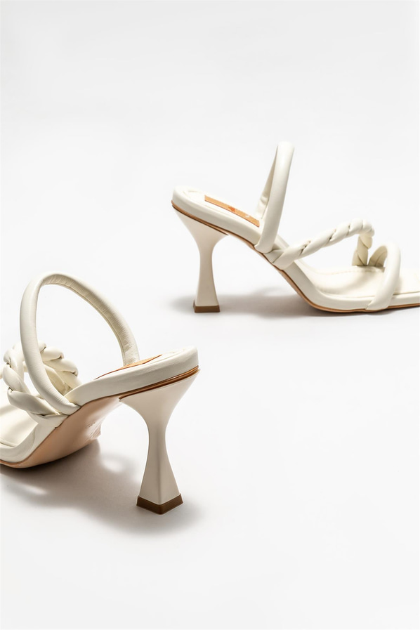 Ekru deri topuklu kadın terlik - Elle Shoes