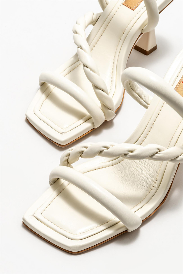 Ekru deri topuklu kadın terlik - Elle Shoes