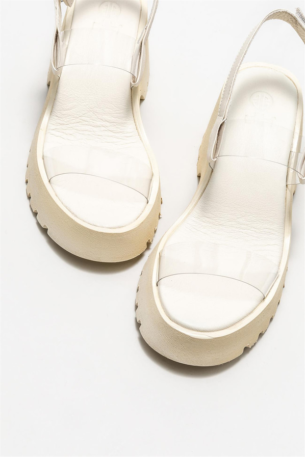 Ekru dolgu topuklu kadın sandalet - Elle Shoes