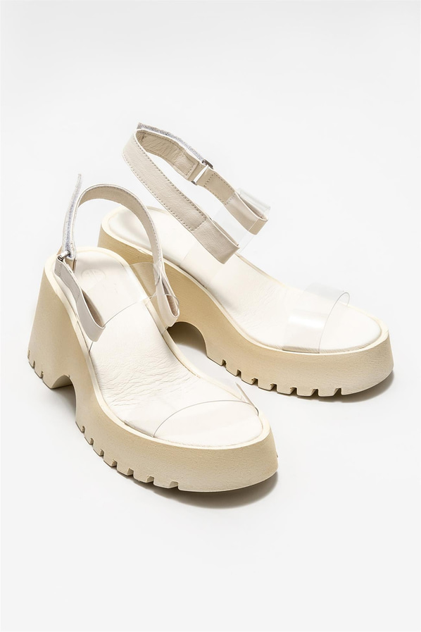 Ekru dolgu topuklu kadın sandalet - Elle Shoes