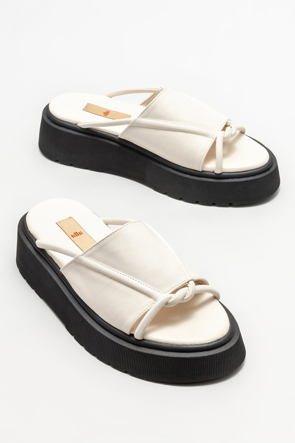 Ekru dolgu topuklu kadın terlik - Elle Shoes