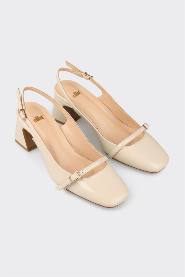 Ekru kalın topuklu kadın ayakkabı, rahat kullanım için - Elle Shoes