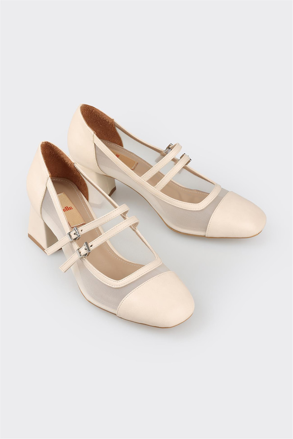 Ekru topuklu kadın ayakkabı - Elle Shoes