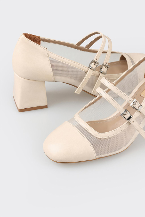 Ekru topuklu kadın ayakkabı - Elle Shoes