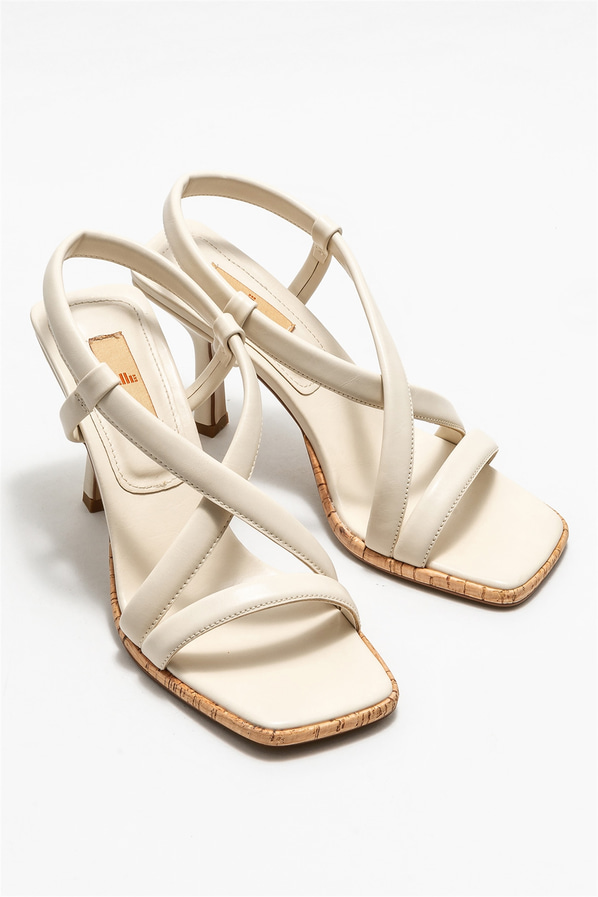 Ekru topuklu kadın sandalet - Elle Shoes