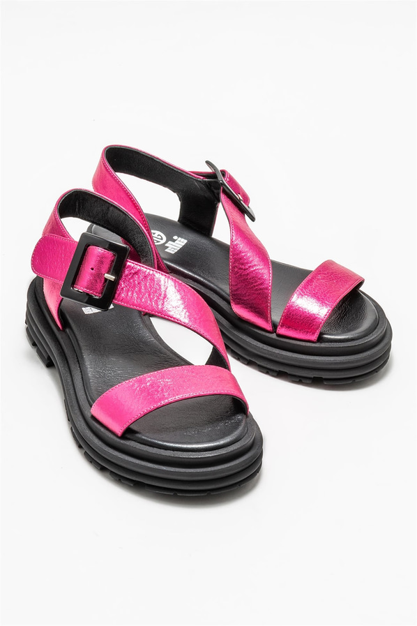 Fuşya deri kadın sandalet - Elle Shoes