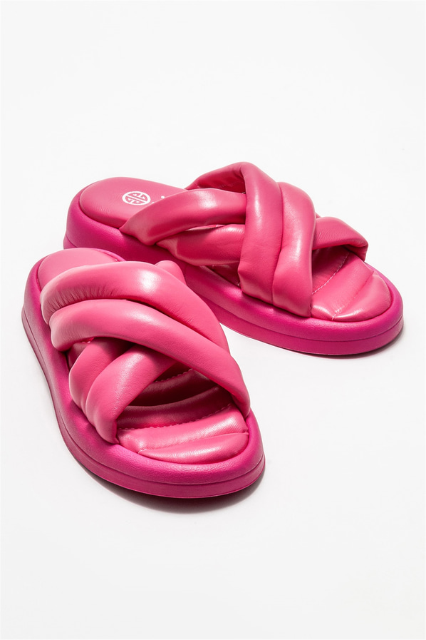 Fuşya deri kadın düz terlik - Elle Shoes