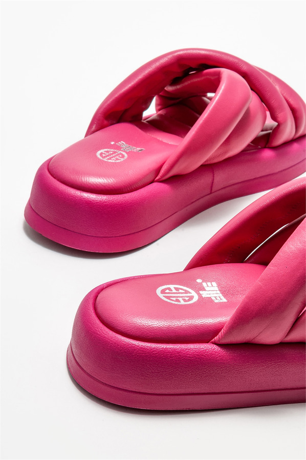 Fuşya deri kadın düz terlik - Elle Shoes