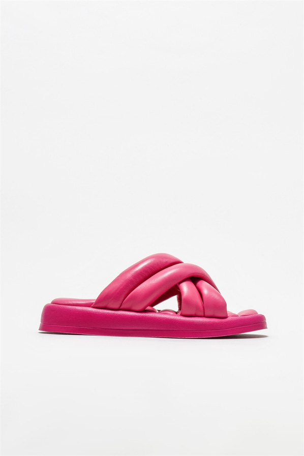 Fuşya deri kadın düz terlik - Elle Shoes
