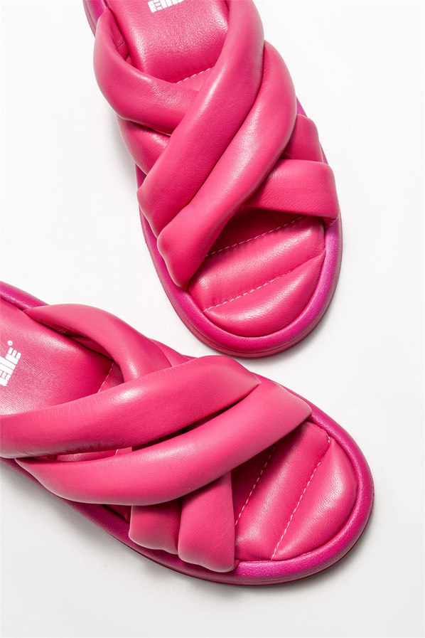 Fuşya deri kadın düz terlik - Elle Shoes