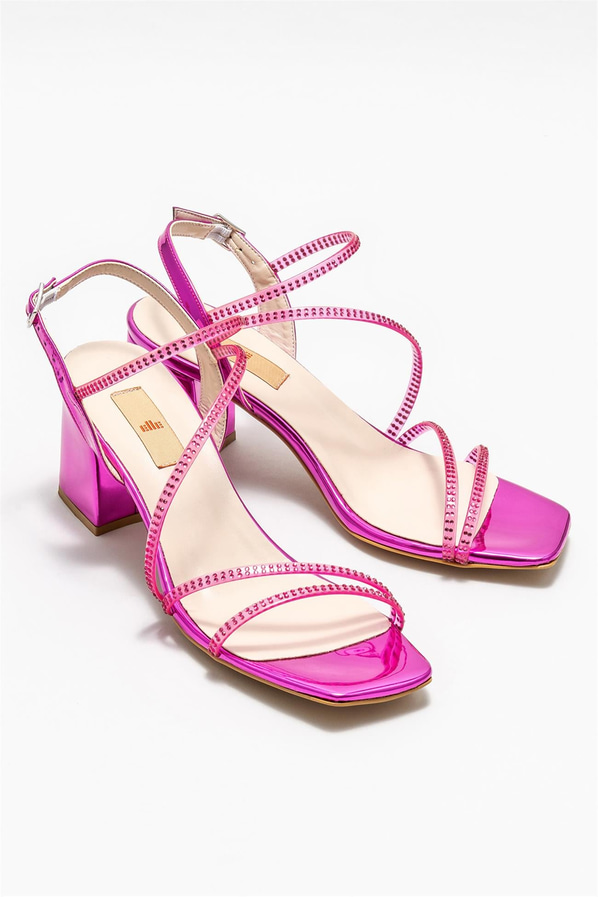 Fuşya deri metalik bağcıklı kadın topuklu sandalet, ofis stili için - Elle Shoes