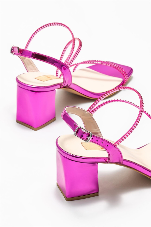Fuşya deri metalik bağcıklı kadın topuklu sandalet, ofis stili için - Elle Shoes