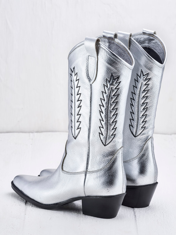 Gümüş deri topuklu kadın bot - Elle Shoes