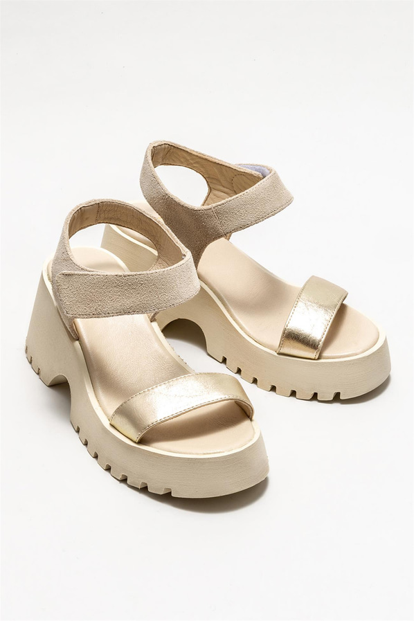 Gold deri dolgu topuklu kadın sandalet - Elle Shoes