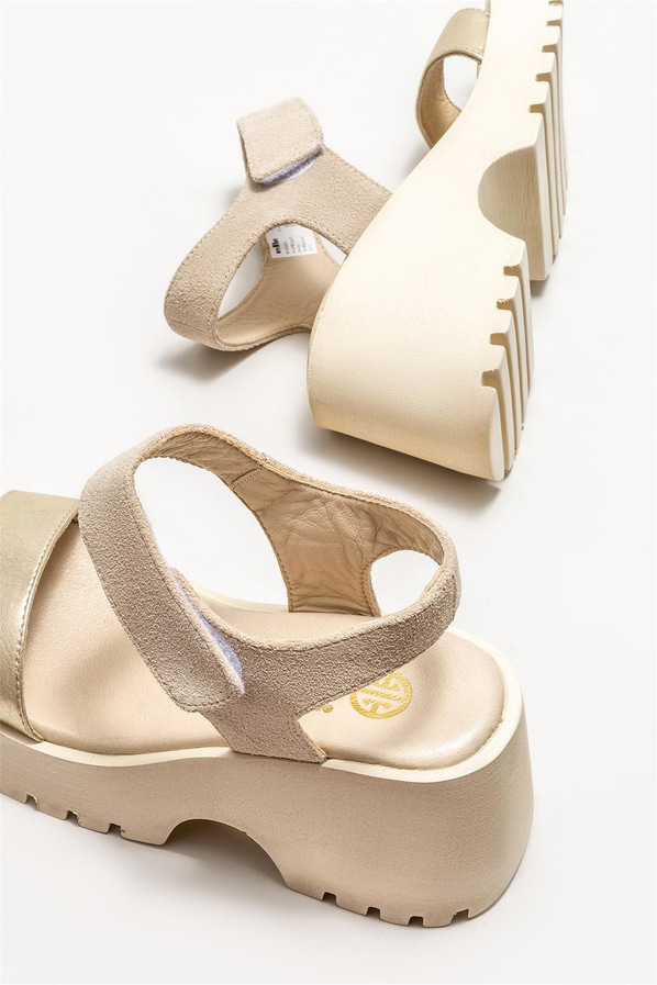 Gold deri dolgu topuklu kadın sandalet - Elle Shoes