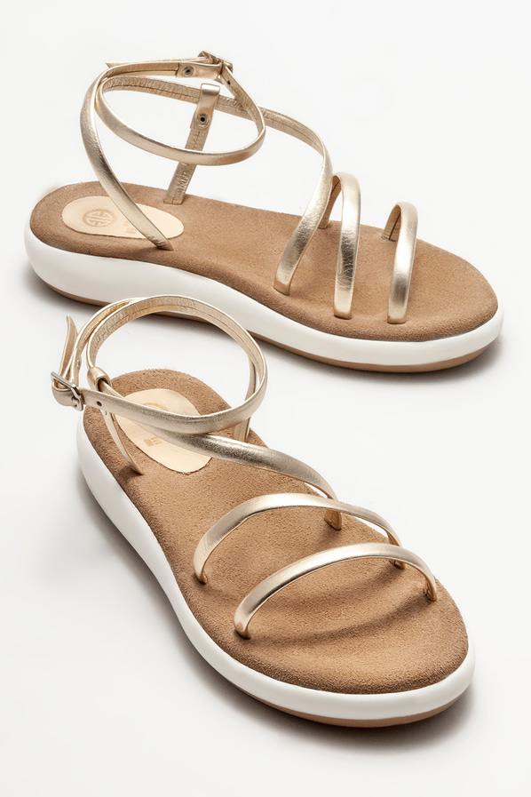 Gold deri dolgu topuklu kadın sandalet - Elle Shoes