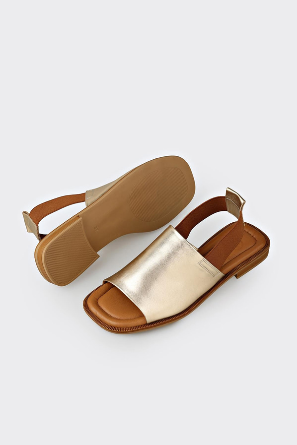 Gold deri düz kadın sandalet, klasik stil için - Elle Shoes