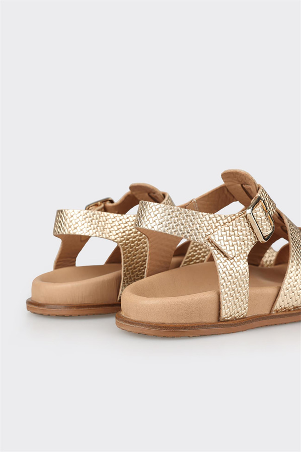 Gold altın deri düz kadın sandalet - Elle Shoes