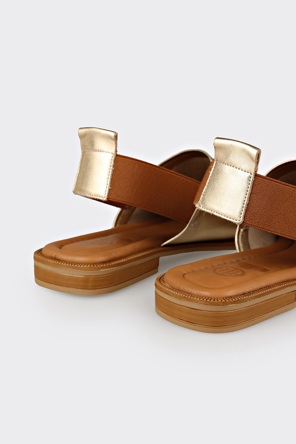 Gold deri düz kadın sandalet, klasik stil için - Elle Shoes