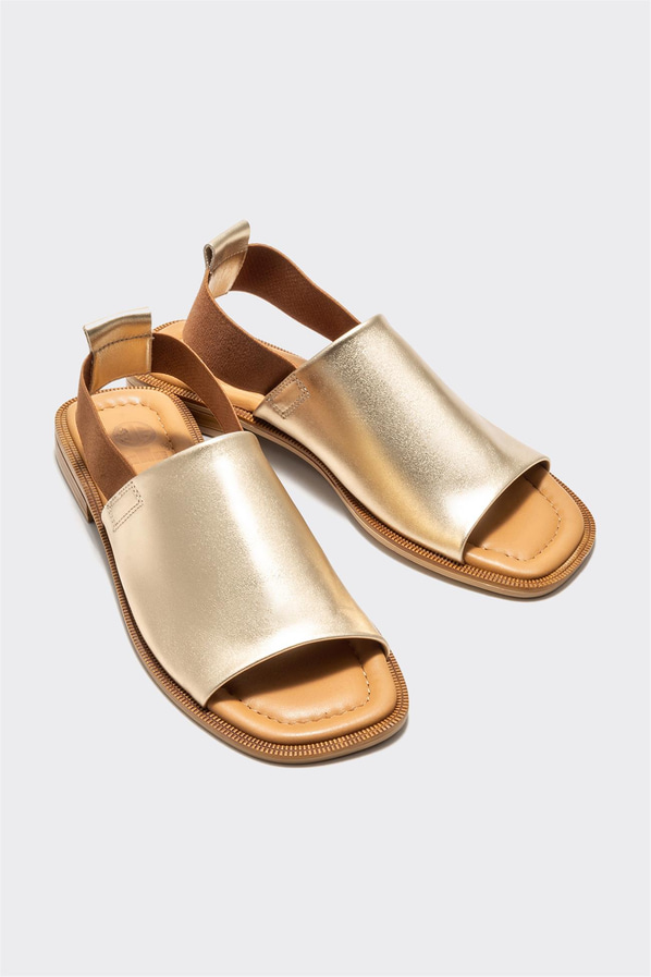 Gold deri düz kadın sandalet, klasik stil için - Elle Shoes