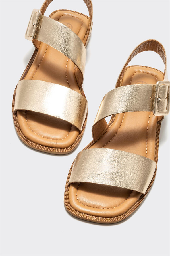 Gold deri düz kadın sandalet, ofis stili için - Elle Shoes