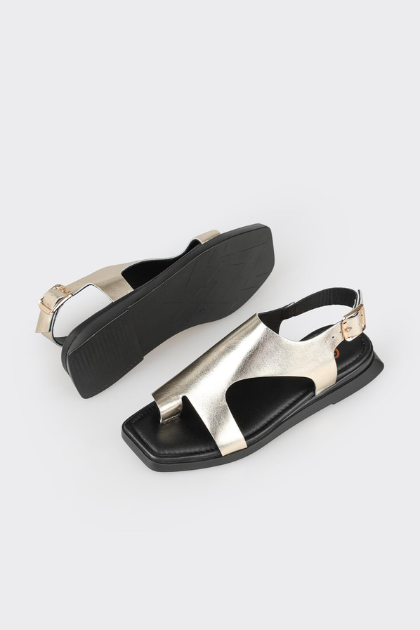 Gold deri düz kadın sandalet, ofis stili için - Elle Shoes
