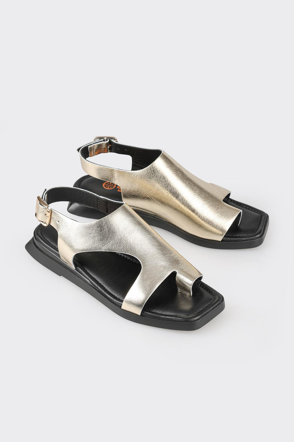 Gold deri düz kadın sandalet, ofis stili için - Elle Shoes