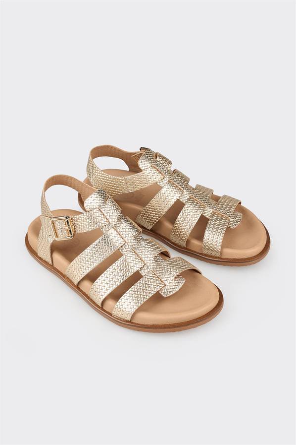 Gold altın deri düz kadın sandalet - Elle Shoes