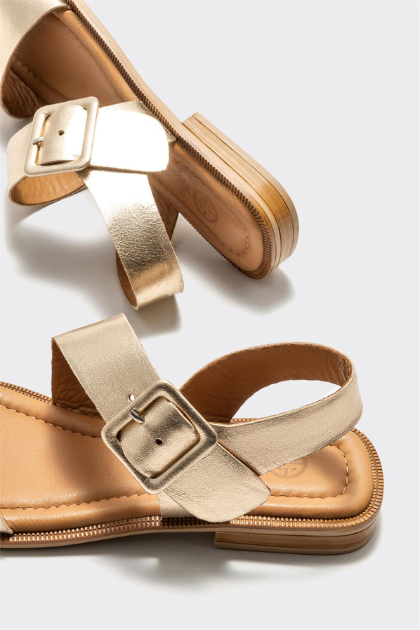 Gold deri düz kadın sandalet, ofis stili için - Elle Shoes