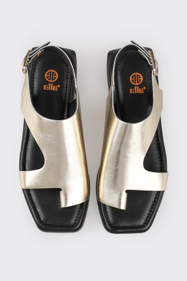 Gold deri düz kadın sandalet, ofis stili için - Elle Shoes